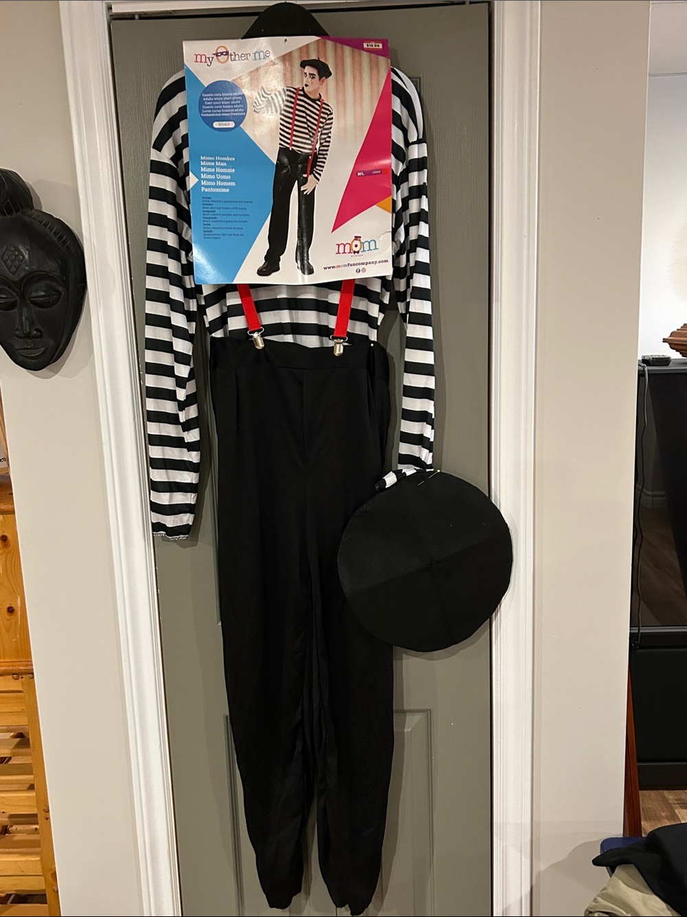 Mom Circus Black & White Striped Mime Costume with Red Suspenders and Beret